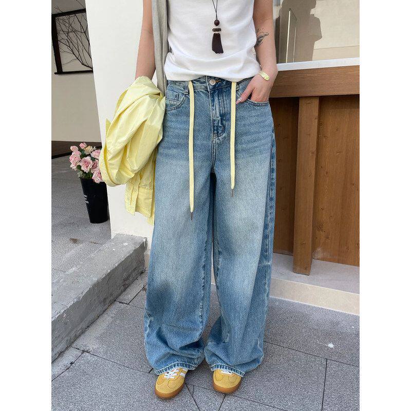 ICC早春新款 美式休闲撞色抽绳宽松牛仔裤女式阔腿裤十三行10703