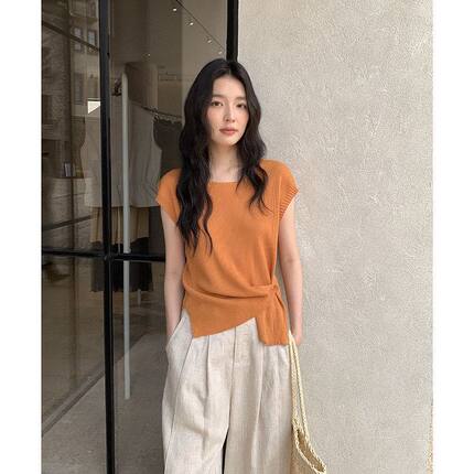 MMC下摆不规则斜扣设计感针织衫2026夏新款亚麻短袖上衣61M61093