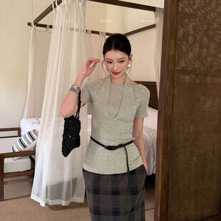 ELSISSI设计感假两件挂脖短袖针织t恤女2026夏季新款百搭显瘦上衣