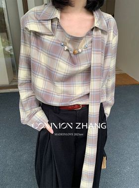 CZ ZHANG秋冬格子印花套头衬衫女宽松休闲设计感围脖打底衫B43235