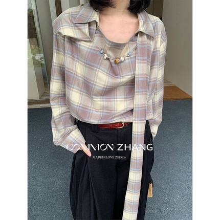 CZ ZHANG秋冬格子印花套头衬衫女宽松休闲设计感围脖打底衫B43235