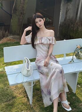 LS 度假风一字肩印花修身连衣裙广州十三行2026春新款裙子61521#