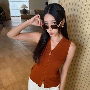 ELSISSI天丝亚麻v领合身背心针织开衫2026新款复古风无袖上衣女夏