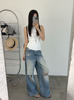 T-PLATFORM广州十三行 重工破洞牛仔裤女夏季磨白复古直筒裤68385