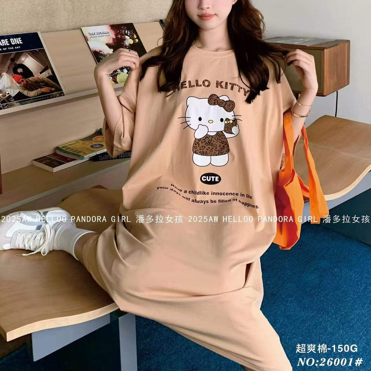 潘多拉女孩春夏短袖睡裙女纯棉卡通KT可爱大码宽松家居服睡衣