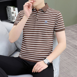 休闲商务POLO衫翻领男士短袖T恤透气条纹体恤梯花拉架有领上衣ins