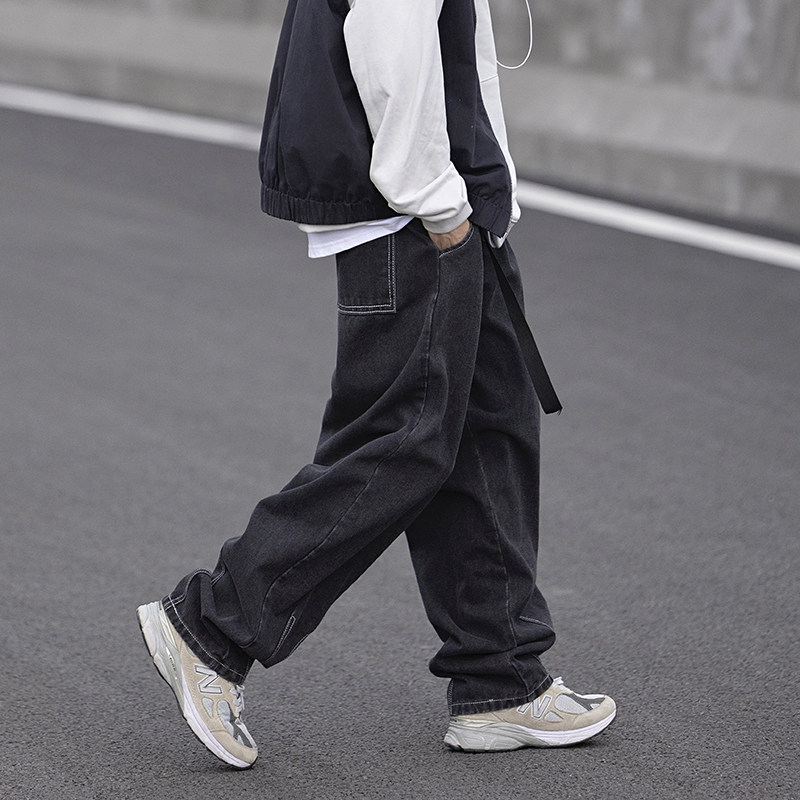 日系美式城市男孩宽松牛仔裤带腰带工装长裤k7231p75控98图片