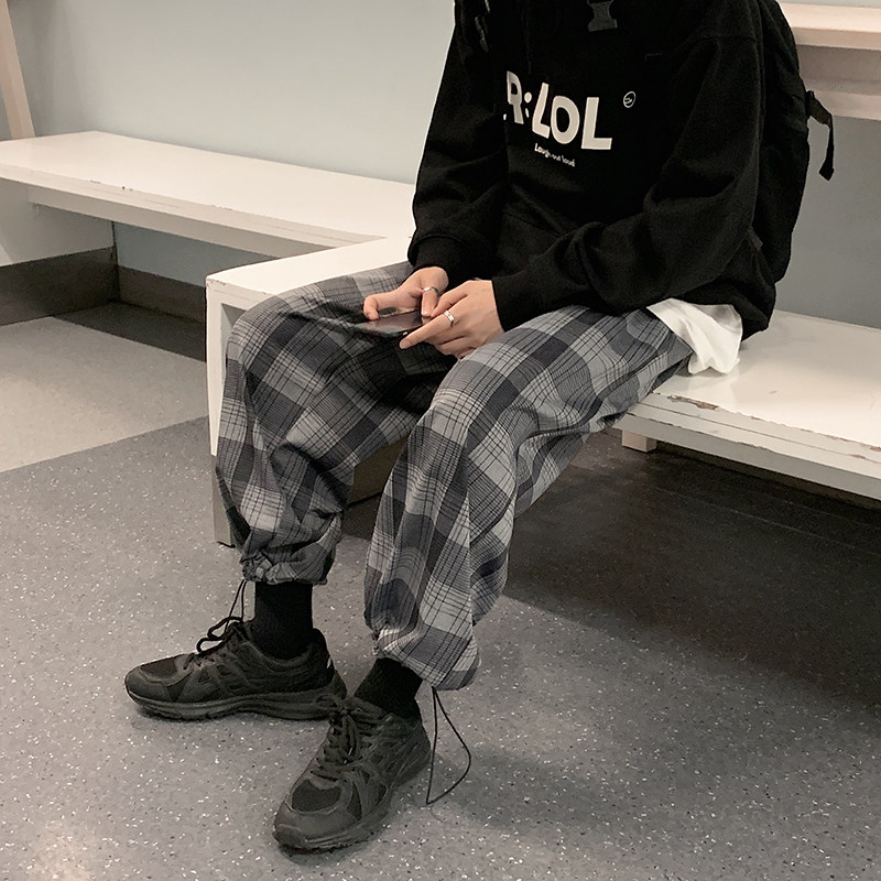 Loose straight casual pants thick plaid pants