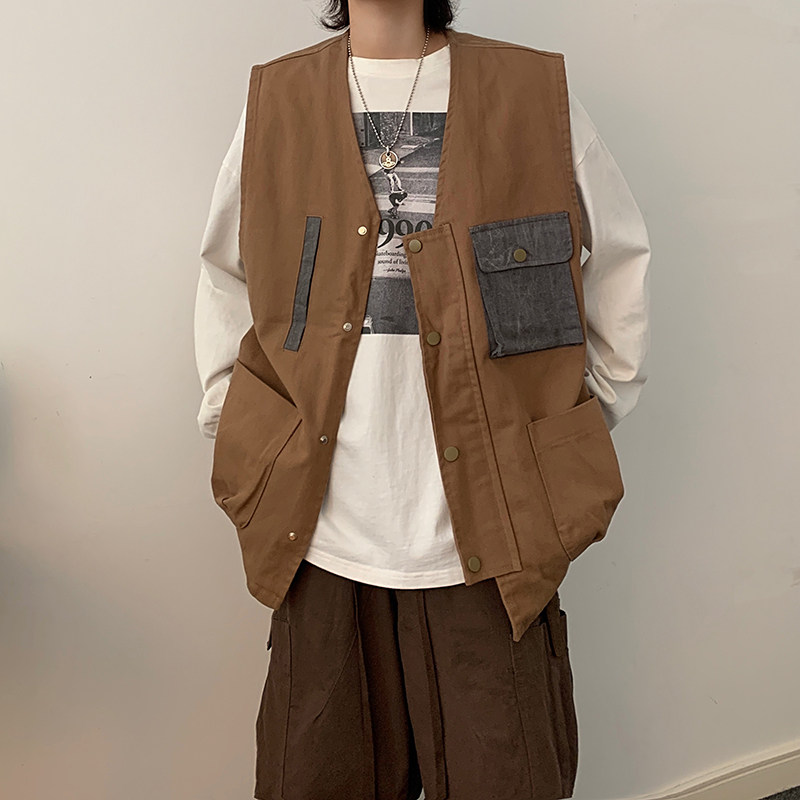 B东日系男装复古多口袋叠穿情侣拼色休闲日杂风穿搭马甲外套男，女装马甲，电商A138B