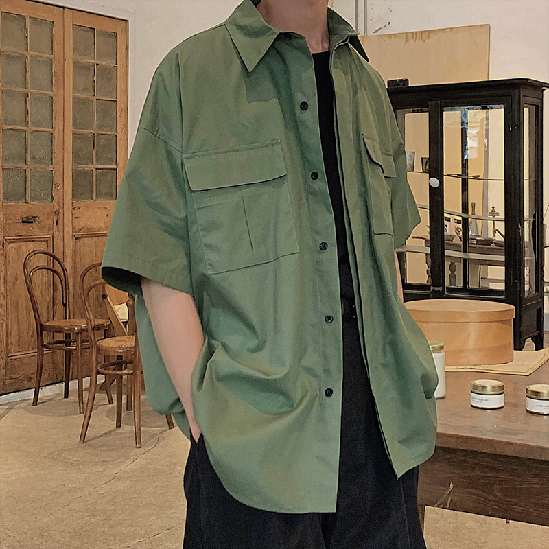 Spring and Summer Japanese Loose Five-Sleeve Shirt Chao Men's Pure Middle-Sleeve Shirt Control 68