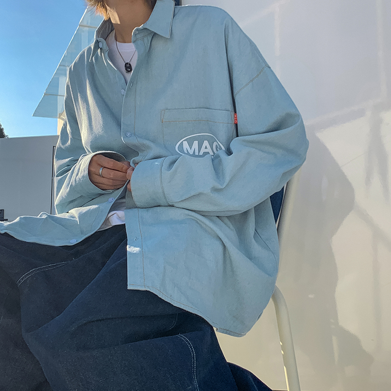 Trendy, handsome and versatile, college style Denim Long Sleeve printed shirt men's coat