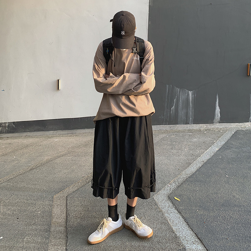 日系高街阔腿抽绳七分裤男女同款超宽松裤七分裤k6780p55控68,男装休闲裤,电商A138B
