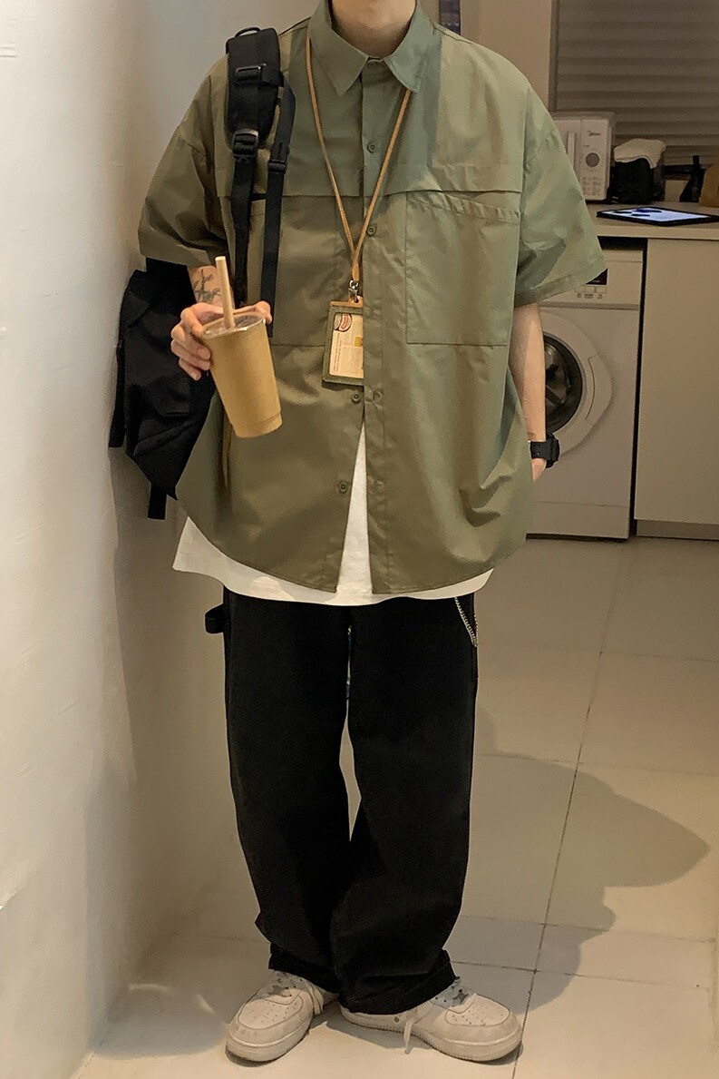 2023纯色工装男女短袖衬衣c3063p45控58,男装衬衫,电商A138B
