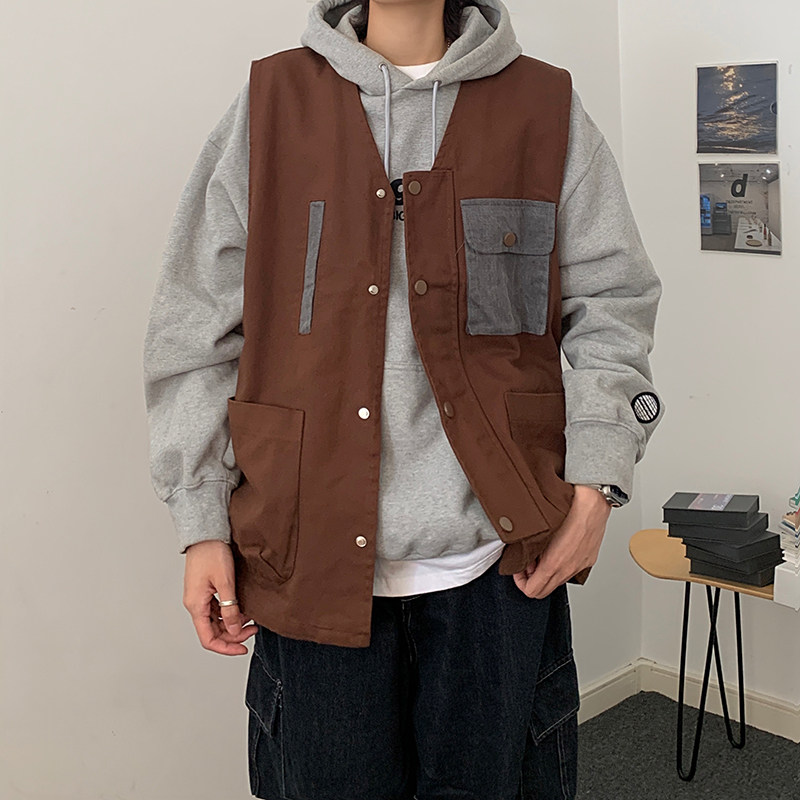B东日系男装复古多口袋叠穿情侣拼色休闲日杂风穿搭马甲外套男,女装马甲,电商A138B