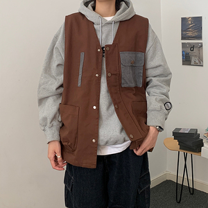 B东日系男装复古多口袋叠穿情侣拼色休闲日杂风穿搭马甲外套男图片