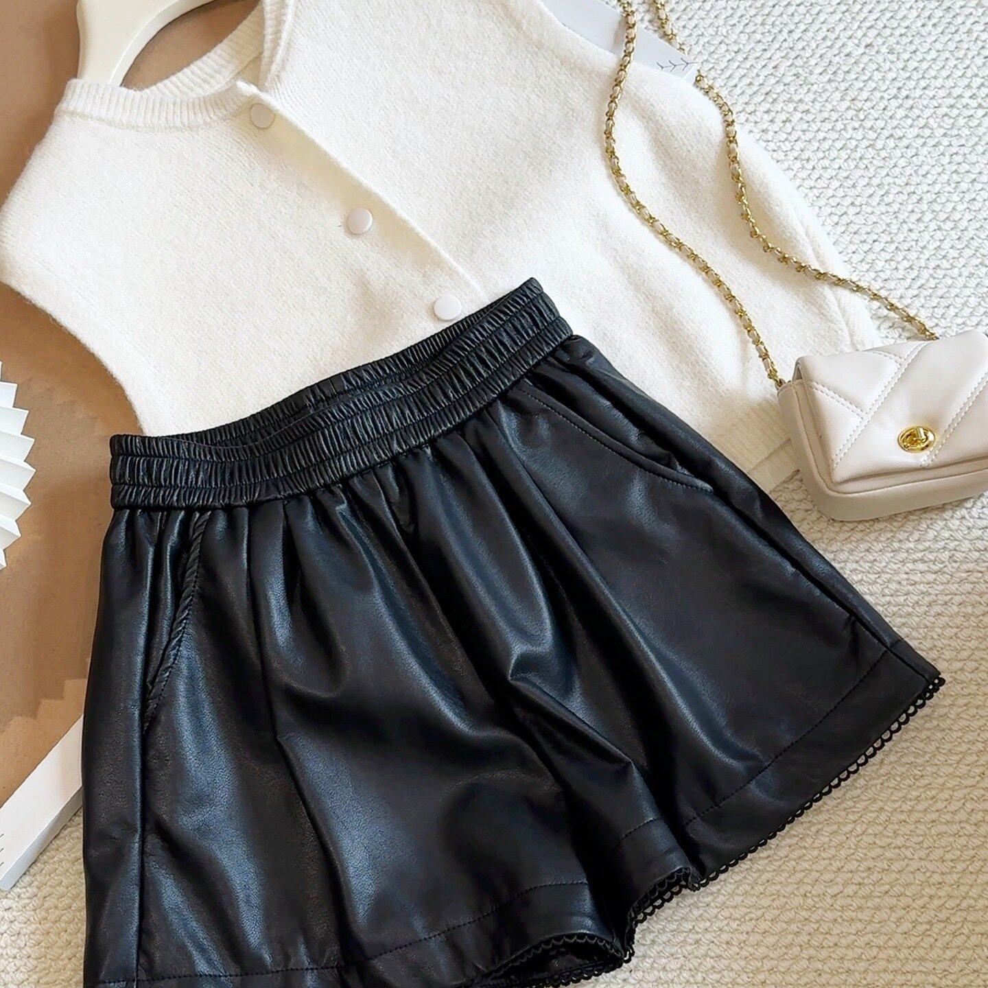 KARA批发/黑色蛋白pu皮高腰短裤秋冬2025显瘦蕾丝花边休闲a字靴裤