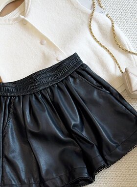 KARA批发/黑色蛋白pu皮高腰短裤秋冬2025显瘦蕾丝花边休闲a字靴裤