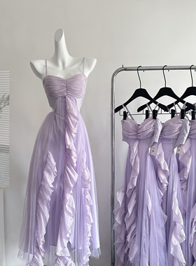 KARA批发丨灰尘邓邓 度假风连衣裙2025设计感抹胸长裙紫色网纱裙