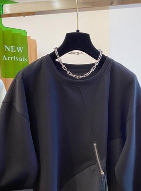 原创设计师款黑色拼接卫衣女春秋2025新款宽松个性洋气不规则上衣