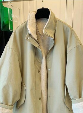 高级感黑色毛茸茸翻领中长款工装外套女加绒加厚宽松2025冬季新款