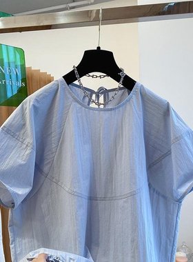 KARA批发丨欧货韩系蓝色娃娃衫上衣宽松休闲百搭套头圆领短袖衬衫