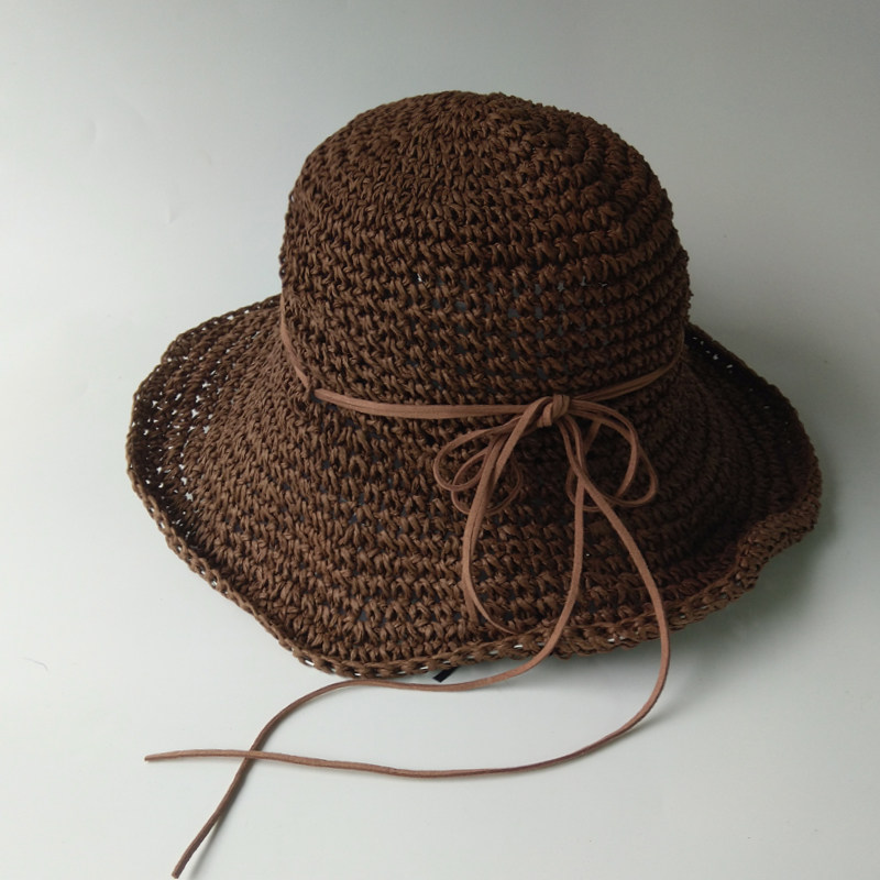 女士春夏季防晒沙滩可折叠太阳帽波浪边韩国手工编织大檐遮阳帽子