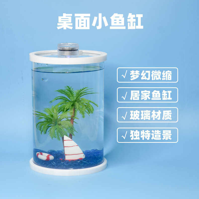 创意桌面七彩玻璃生态鱼缸微景观瓶斗鱼缸小型透明水母缸灯玻璃缸