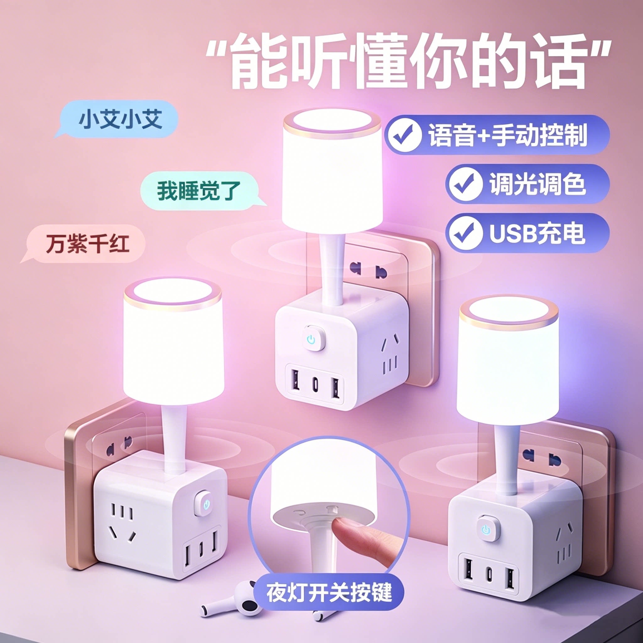 无线USB插座智能语音控制台灯声控小夜灯LED家用插线板照明床头灯