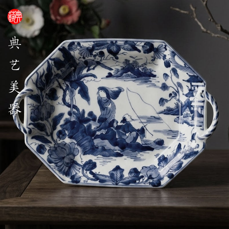 日本龙峰窑染付青花瓷八角盘茶道配件陶瓷茶具茶盘纯手绘人物垂钓