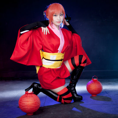 动漫银魂吉原神乐cos服红色和服女cosplay服装假发簪子筒袜伞现货 虎窝淘