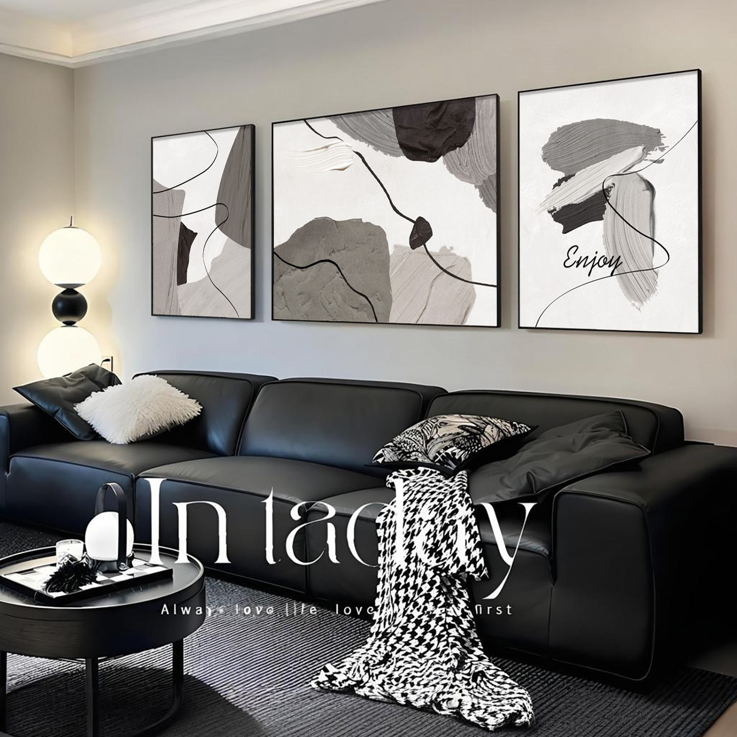 现代简约客厅三联挂画黑白高级感