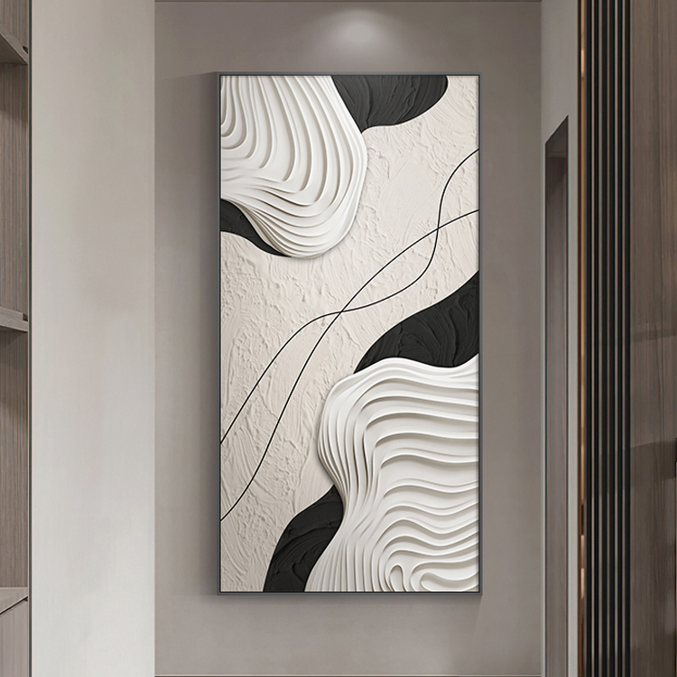 黑白抽象现代简约挂画入户门玄关装饰画立体肌理感走廊过道尽头画图片