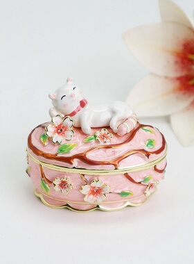 正品珐琅彩樱花猫镶钻合金首饰盒轻奢装饰摆件闺蜜生日情人节礼物