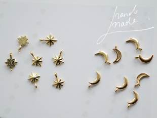 F137 1枚 铜镀真金迷你铸铜星芒星星月亮吊坠手工DIY饰品配件材料