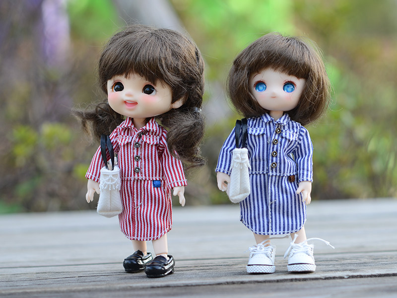 T15 OB11娃衣材料包 12分BJD 条纹连体裙包包两件套DIY布料纸样