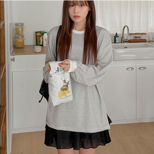 韩国代购大码女装2026靓丽冬装新款圆领包边时尚条纹开叉长袖T恤