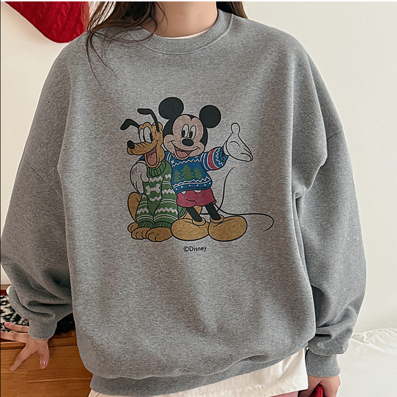 韩国代购大码女装2025靓丽冬装新款圆领纯棉宽松卡通字母加绒卫衣