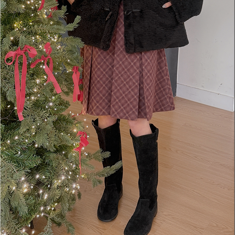 韩国代购大码女装2025靓丽冬装新款拉链显瘦百褶格子毛呢半身裙特