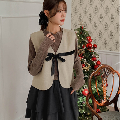 韩国代购大码女装2025靓丽冬装新款V领配色蝴蝶结淑女百搭马甲特
