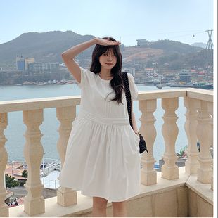 大码 圆领宽松显瘦拼接短袖 女装 新款 连衣裙 2026靓丽早春装 韩国代购