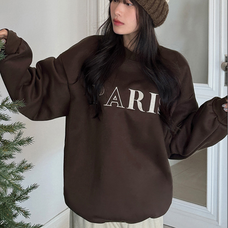 韩国代购大码女装2025靓丽冬装新款圆领宽松显瘦字母加绒卫衣特9