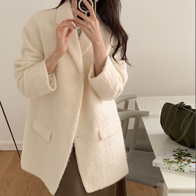 韩国代购大码女装2025靓丽冬装新款反驳领系扣宽松时尚毛呢外套特