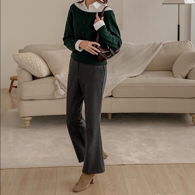 韩国代购大码女装2025靓丽冬装新款系扣后松紧弹力加绒微喇长裤特