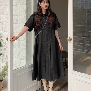 新款 韩国代购 2026靓丽早春装 女装 翻领系扣宽松口袋牛仔连衣裙 大码