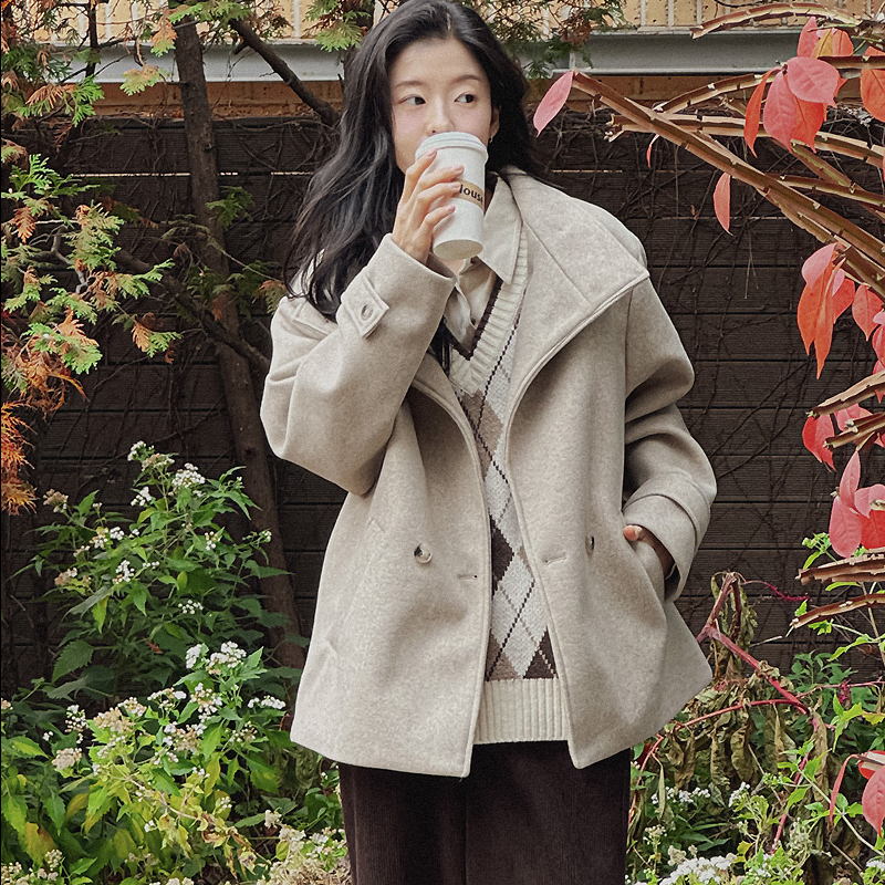 韩国代购大码女装2025靓丽冬装新款立领双排扣插兜加棉毛呢外套特