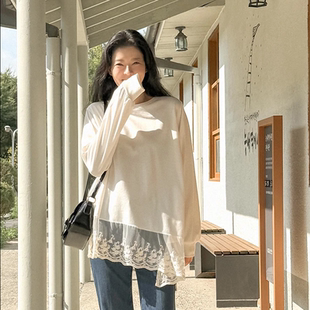 韩国代购大码女装2026靓丽秋装新款圆领宽松显瘦钩花蕾丝长袖T恤