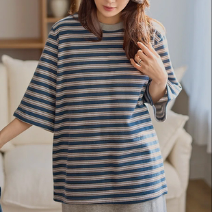 韩国代购大码女装2026靓丽冬装新款圆领宽松时尚条纹套头短袖T恤