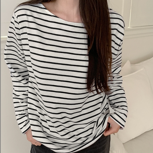 韩国代购大码女装2026靓丽冬装新款圆领宽松时尚条纹套头长袖T恤
