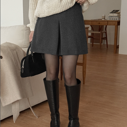 韩国代购大码女装2025靓丽冬装新款拉链后松紧显瘦毛呢时尚裙裤特