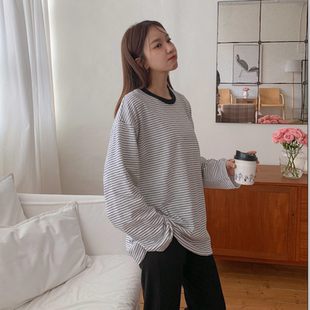 大码 圆领宽松配色条纹长袖 女装 新款 T恤特1 2026靓丽早春装 韩国代购